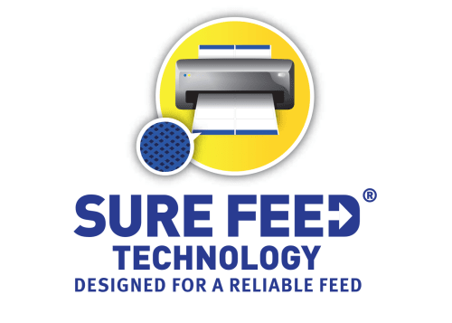 Sure Feed Technology logo - consisting of a printer printing out a sheet of labels with blue text underneath, reading 'Sure Feed Technology, Designed for a Reliable Feed'
