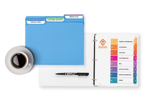 Flatlay of a neatly-labeled, blue file folder, a cup of coffee on a saucer, a fine-tip permanent marker, and a white binder with colorful dividers inside