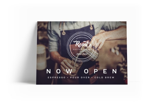 Custom Printed postcard advertising a new coffee shop's 'now open' message