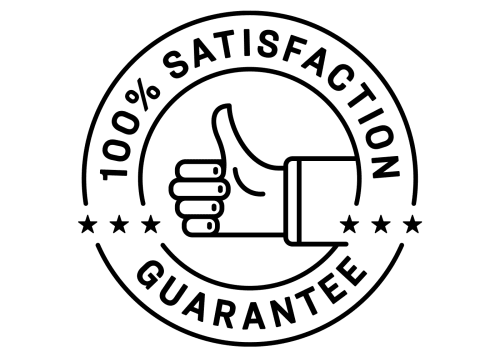 A black line art seal with a thumbs up icon and six stars, reading '100% satisfaction guarantee'
