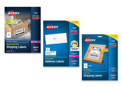 Flatlay of 3 blue Avery packaged label products sitting in a diagonal line. The products featured are Avery 5526, 5160, and 8126.