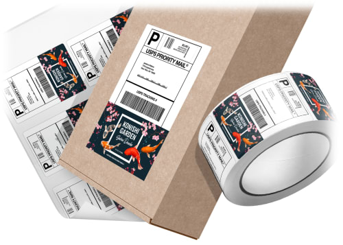 A roll and sheet of custom printed shipping labels with a unique koi fish design sitting next to a brown cardboard box with one of the shipping labels applied.
