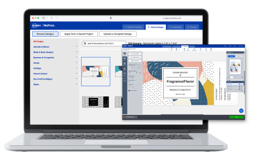 Laptop screen showcasing the 'choose design' screen of Avery's Design and Print Online tool with a screenshot of the 'design' step floating next to it.