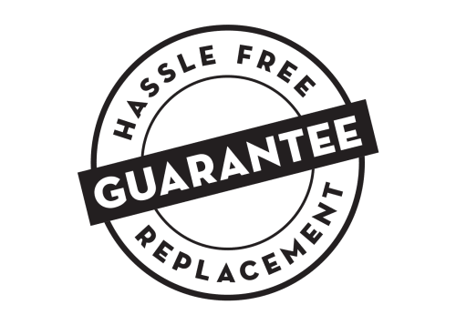 Circular 'Hassle-Free Replacement Guarantee' icon in black on white background.