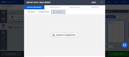Screenshot of Mail Merge feature with its Google Drive option in Avery Design & Print Online
