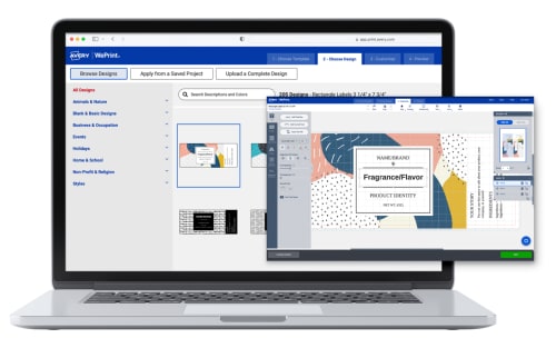 An open laptop screen showing the template selection section of Avery Design & Print Online next to a screenshot of the design section of Avery Design & Print Online