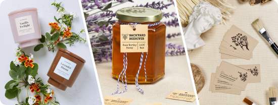 Avery labels, cards, and tags used to promote candle and honey products.