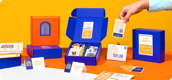 Avery labels and cards used on blue boxes to create a cohesive product branding look.