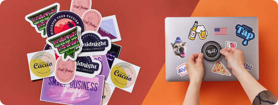 A variety of Avery stickers with a shot of one being placed on a laptop.