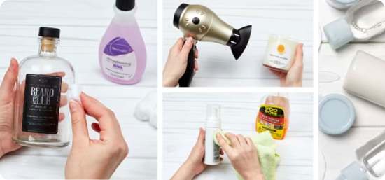 Grid of images showcasing a person removing a label off a glass jar using rubbing alcohol, another person blow drying a label on a candle container, another person using Goo Gone, and a final image of bottles scatered on a surface