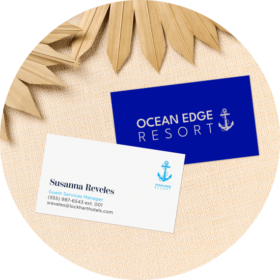Avery business cards with custom beachside hotel design.