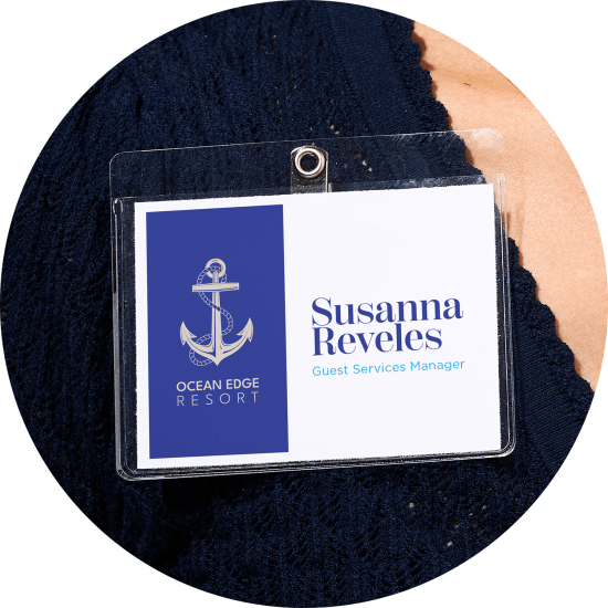 Avery name tag for a guest services mananger with custom printed beachside hotel branding.