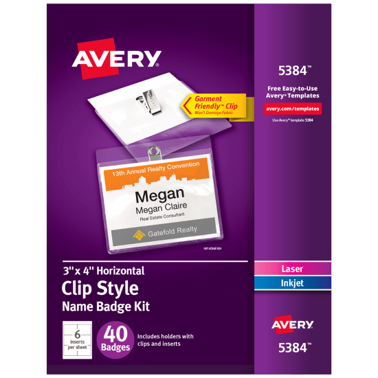 Avery 5384 3 inch by 4 inch horizontal clip-style name badge kit.