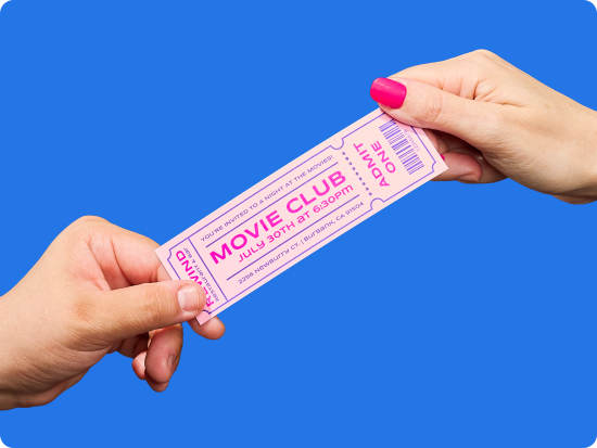 A custom printed baby pink tear-away ticket with hot pink text, featuring a 'Movie Club' event. One person's hand with hot pink nail polish is handing it to another person, against a vivid blue background.