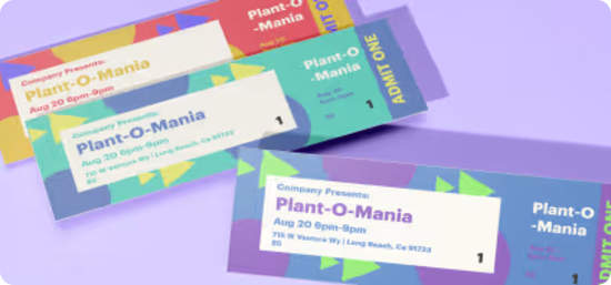 A set of colorful tickets with geometric designs against a lavender background.