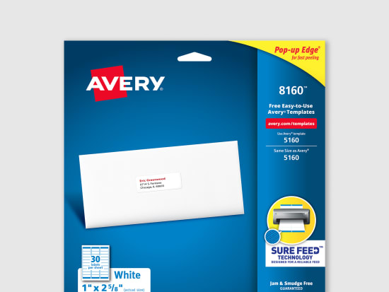 Image of a pack of Avery 8160 address labels on a gray background