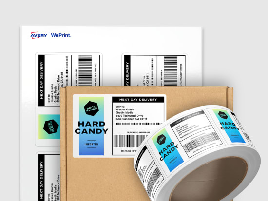 Image of Avery Custom Printed Mailing and Shipping Labels in sheet and roll format next to a package with a shipping label applied