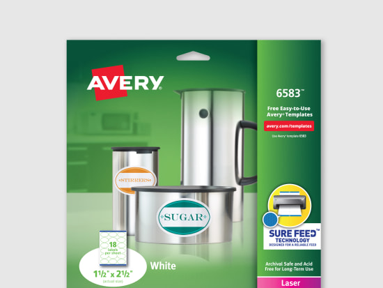 Image of a pack of Avery 6583 address labels on a gray background