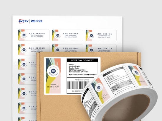 Image of Avery Custom Printed Labels in sheet and roll format next to a package with a shipping label applied