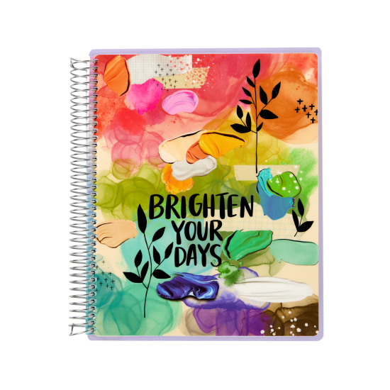 Colorful, rainbow watercolor planner with playful text that reads, 'Brighten Your Days.'
