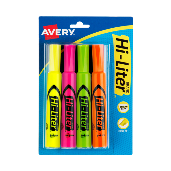 Image of Avery yellow, green, orange and pink neon Highlighters in blue packaging