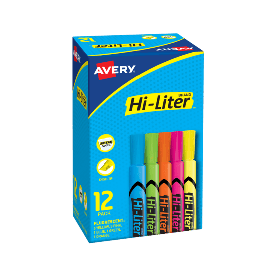 Image of Avery yellow, green, orange and pink neon Highlighters in blue packaging