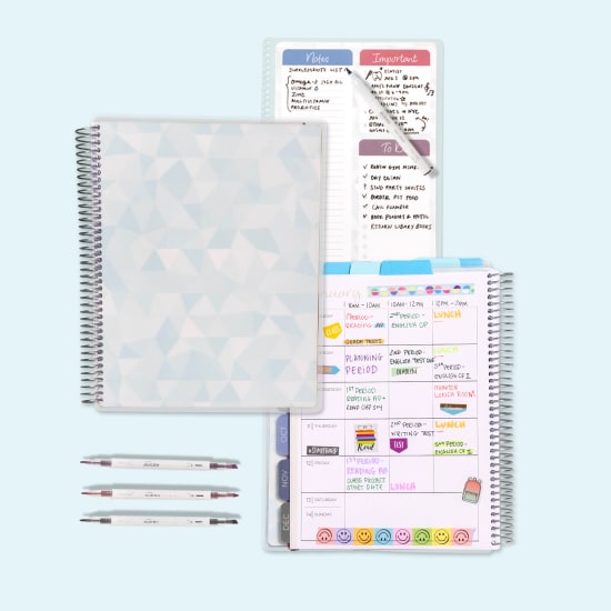 Flatlay image of new Avery Planners with a closed view of the cover and open views of the pages