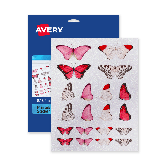 Pack of Avery DIY Glitter Stickers with a sticker sheet on top that shows pink, printed DIY glitter butterfly designs