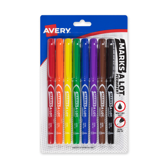 Pack of eight Avery permanent markers in red, orange, yellow, green, blue, purple, brown and black