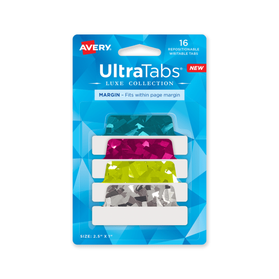 Image of Avery blue, pink, green and silver holographic Ultra Tabs in blue package