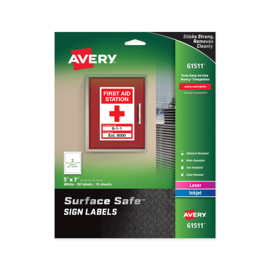 Green pack of Avery 61511 Surface Safe Sign Labels in 5-inch by 7-inch size