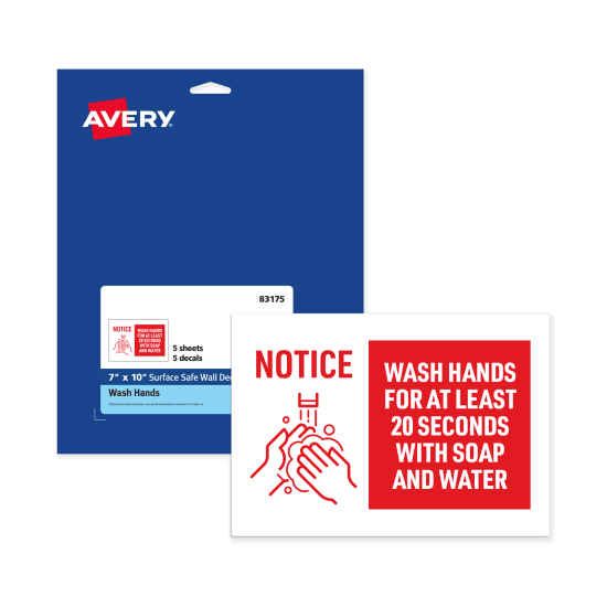 pack of Avery 83175 Preprinted Surface Safe Wall Decals in a 7-inch by 10-inch size, with a red 'Notice, Wash Hands for at least 20 seconds with soap and water' design