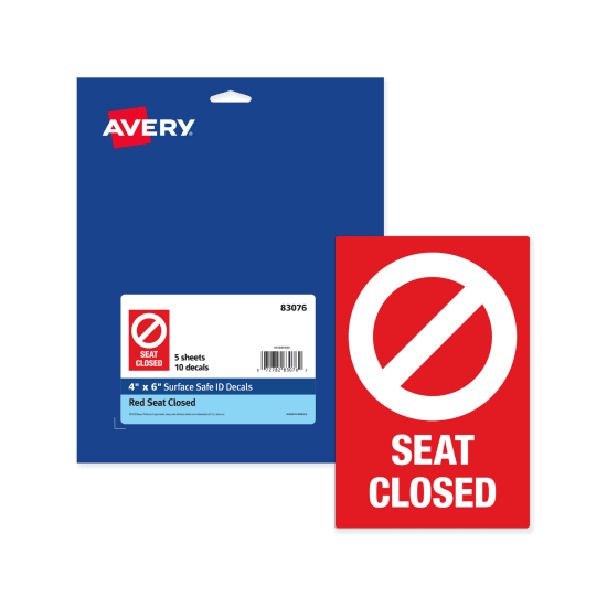 Pack of Avery 83076 Prepreinted white 'Seat Closed' design on red background, in 4-inch by 6-inch size