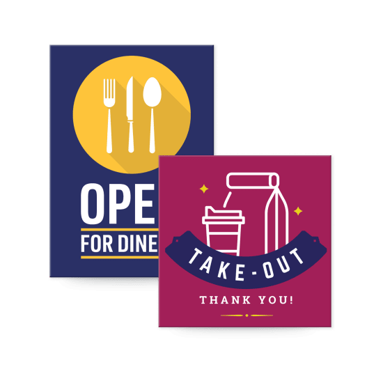 2 Examples of Avery Custom Printed Signs, one sign showcasing an 'open for dine-in' blue, yellow and white design with cutlery icons, and the other sign showcasing 'take-out, thank you' message in a toned magenta and dark blue with yellow accents color scheme