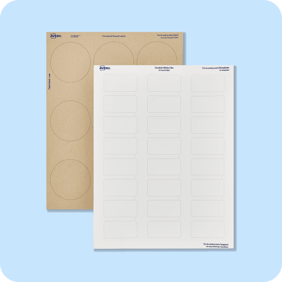 Two sheets of Blank Labels, one in kraft brown and the other in a matte white material