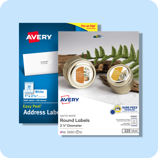 Two packs of Avery round labels and Avery address labels