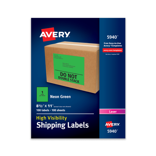 A blue package of Avery 5940 neon green labels with an 8-1/2