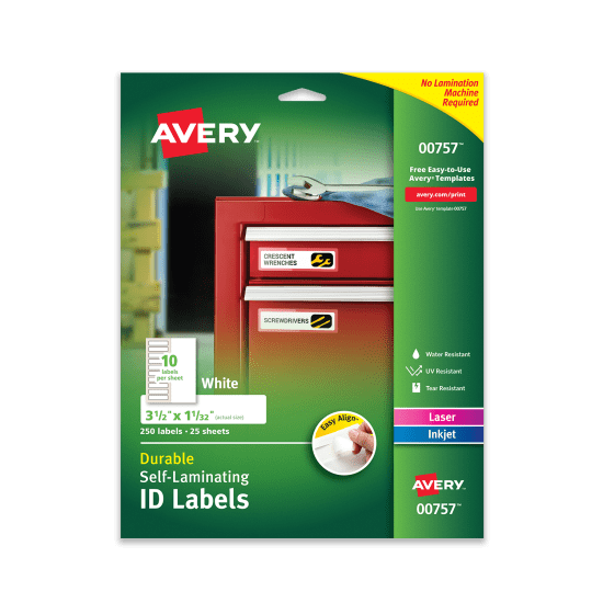 A green package of Avery 00757 Durable ID Self-Laminating ID Labels in a 3-1/2