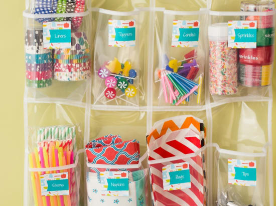 Label pockets on an over-the-door organizer to store your baking supplies, sauce packets, snacks and even take-out menus. Because sometimes you just need a day off from the kitchen.