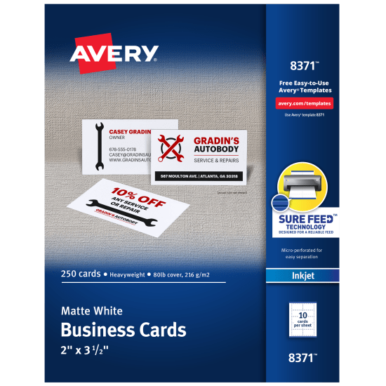 Pack of Avery 8371 2 inch by 3-1/2 inch matte white business cards.