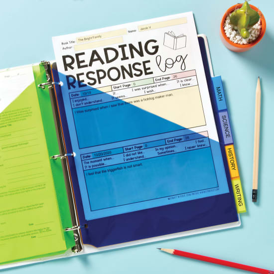 Flatlay image of an Avery Binder filled with colorful Avery Dividers, in green, blue, purple, orange, and yellow. Each divider is labeled with a name of a school subject and the binder is surrounded by two pencils, and a succulent plant in an adobe pot. Everything is sitting on a minty blue background.