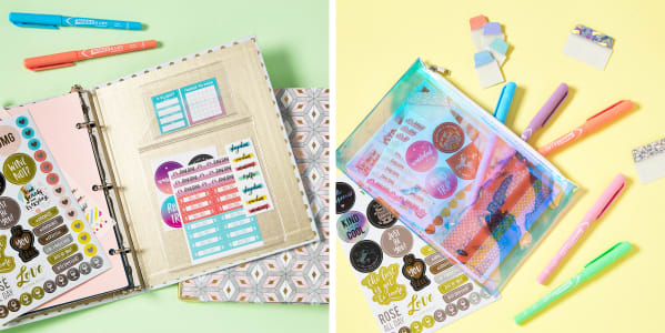 Planner pockets and pencil pouches filled with planner stickers, pastel markers and other planner supplies