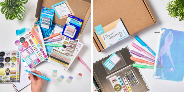 A wide variety of planner supplies in a boxed set including planner stickers, pastel markers, repositionable tabs and more.