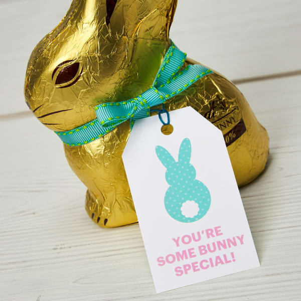Cute chocolate bunny wrapped in gold foil and decorated with ribbon and a printable Avery tag 22802. The tag reads, "You're Some Bunny Special!"