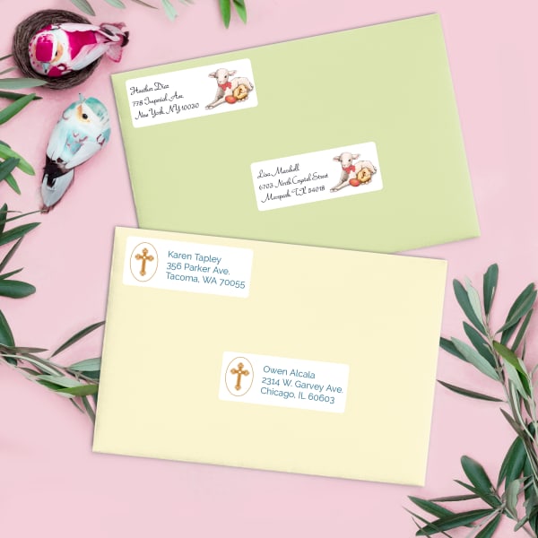 Lovely pastel background with birds and greenery showing off greeting card envelopes with personalized address labels. Two different cards show two different matching Easter templates for Avery 5160 labels. 