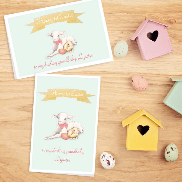 Easter greeting card templates featuring an adorable little lamb and bunny on a mint background. The templates are shown printed on Avery 3378 cards in both landscape and portrait layout. 