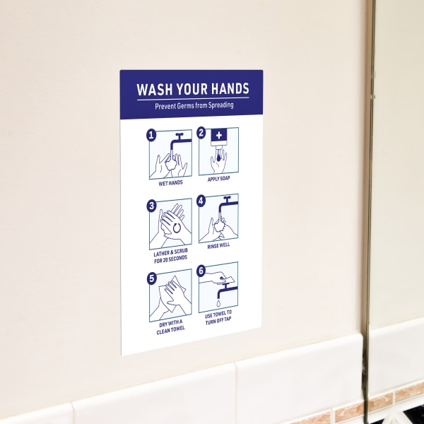 Avery adhesive Surface Safe sign 61515 featuring a predesigned template with tips for better hand washing. The sign is displayed in a bathroom near a mirror.