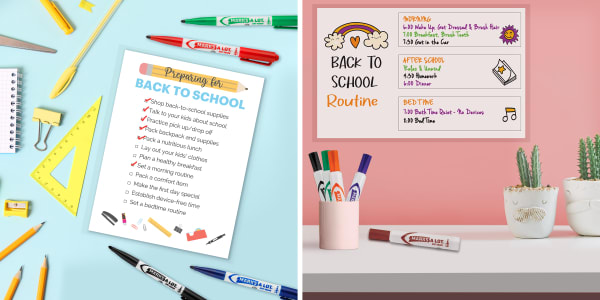 Two images side by side. Left image shows a printed back-to-school checklist that has been laminated. Right image shows a whiteboard that says "back to school routine."