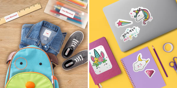 Two images side by side. Left image shows a backpack and school supplies with personalized Avery labels. Right image shows colorful DIY stickers on notebooks and a laptop.