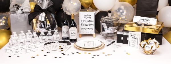 Party ideas for a retirement event are shown on a table surrounded by black, white, clear, and gold balloons. Avery labels, cards, and tags are used to personalize details like water bottles, wine bottles, a wish jar, menu card, and bingo game.